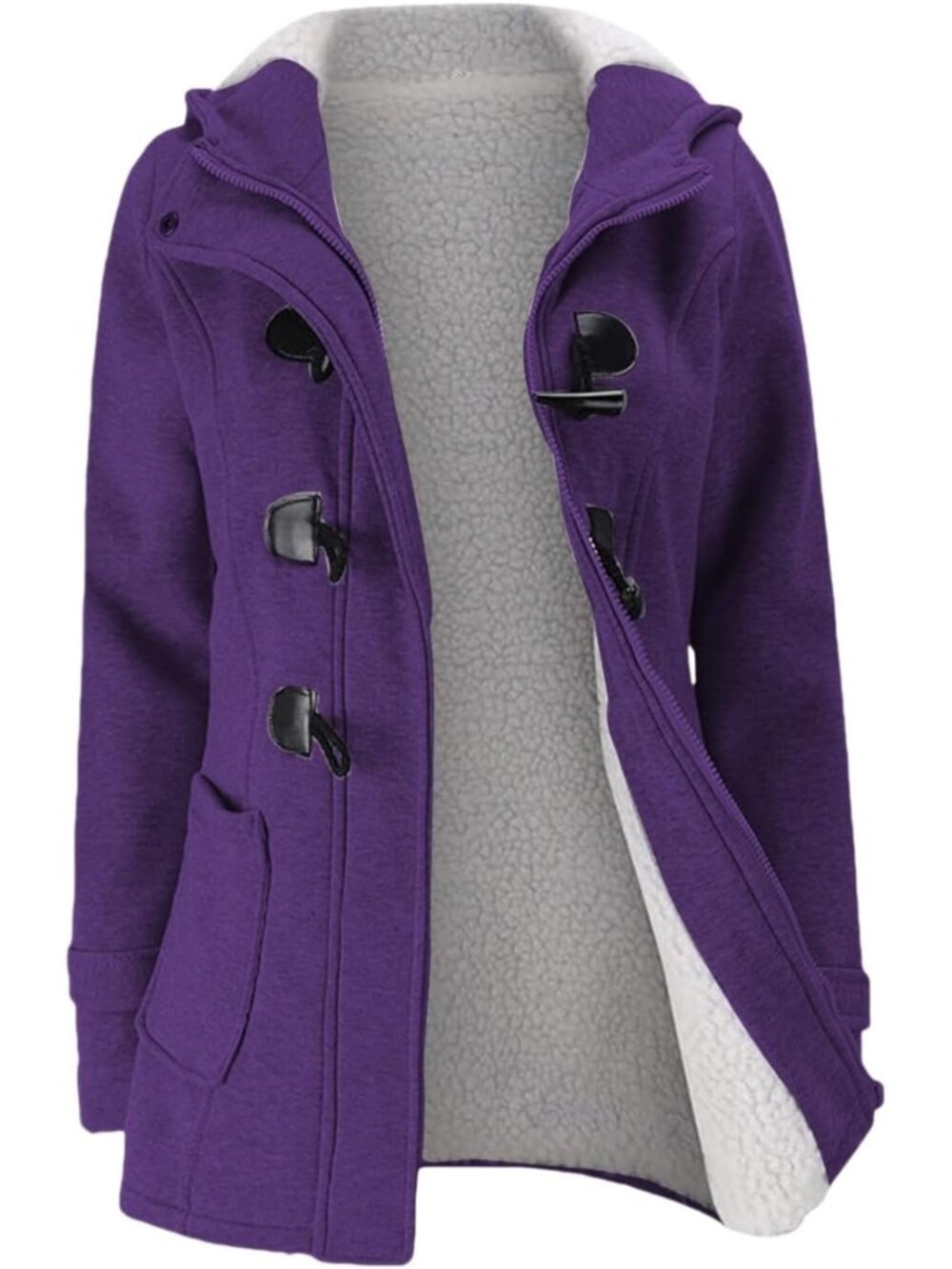 Women Purple Attached Hood Pockets Horn-button Toggle Full Zipper Warm Jacket